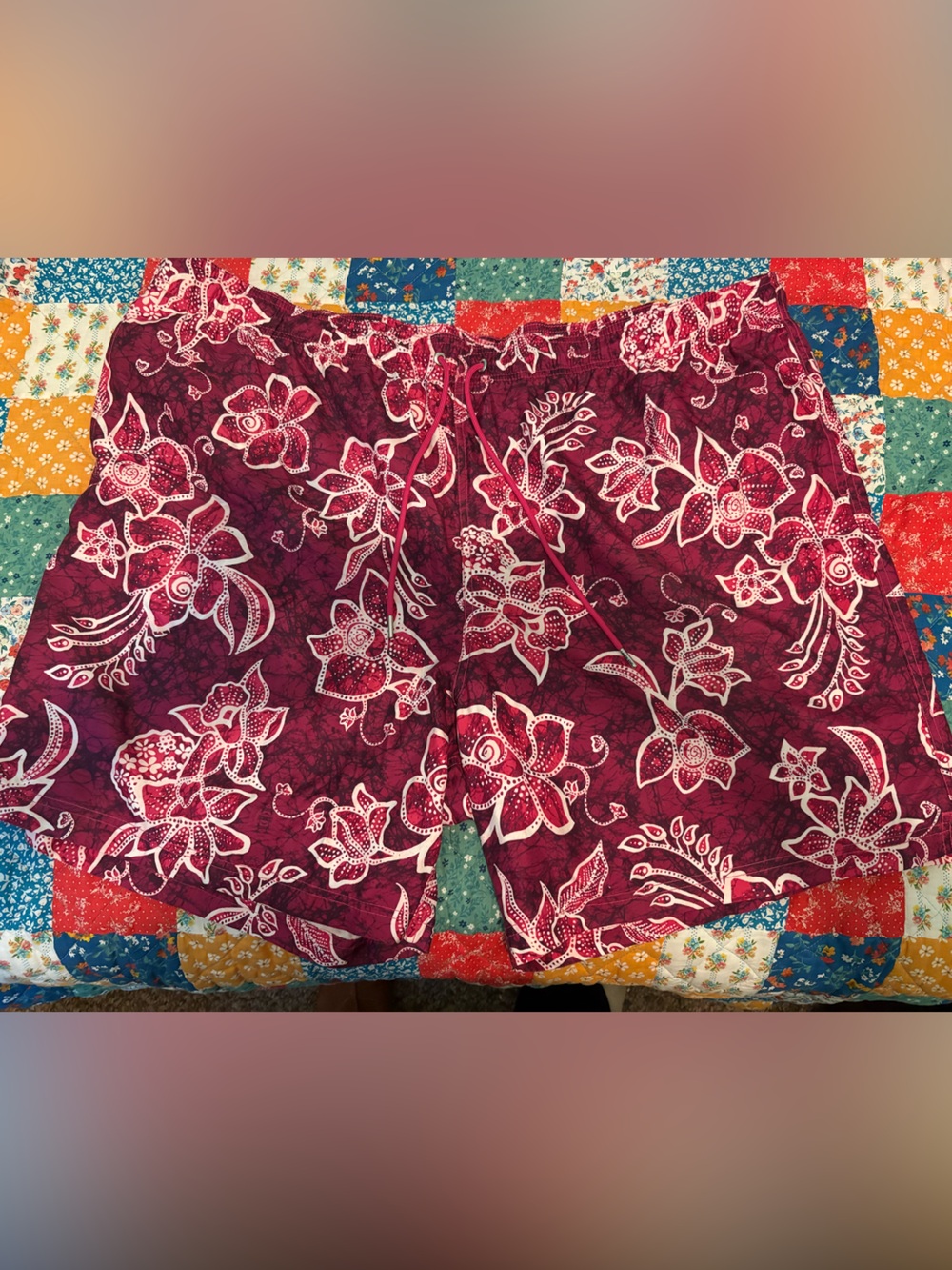 Lands' End Men's Burgundy Floral Swim Trunks 3XL